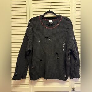 Pinko Medium Distressed Black Knit Sweater with Hardware Accents. PTP 21.5”